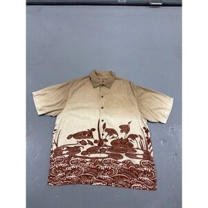 Tommy Bahama Mens XL Silk Camp Shirt Tan Ombre Crane Wave Print Short Sleeve